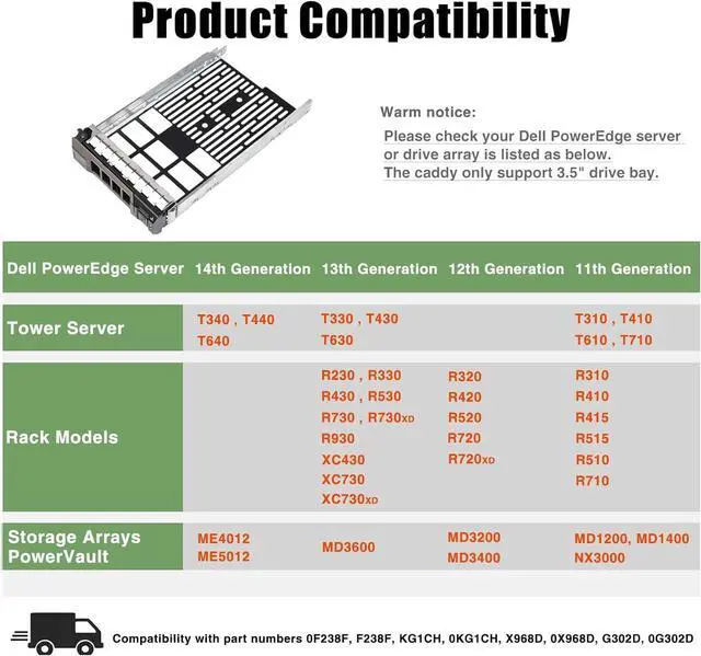 Alt view image 2 of 7 - Hard Drive Tray Caddy 3.5 SSD Caddy F238F 0F238F SAS SATA Hard Drive Bracket Compatible for D-ELL Poweredge T330 T430 T630 R230 R330 R430 R530 R630 R730 R730XD R930, 2 Pack - OEM