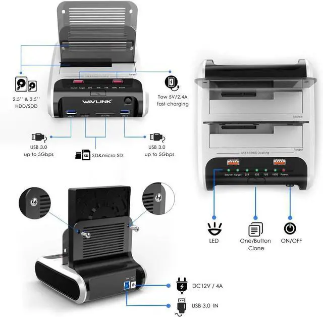 Alt view image 3 of 6 - USB 3.0 to SATA Dual Bay External Hard Drive Docking Station with Offline Clone & UASP(6Gbps) Function, 2 USB 3.0 Port, 2 Charging Port, SD & Micro SD Card Reader for 2.5/3.5 Inch HDD/SSD