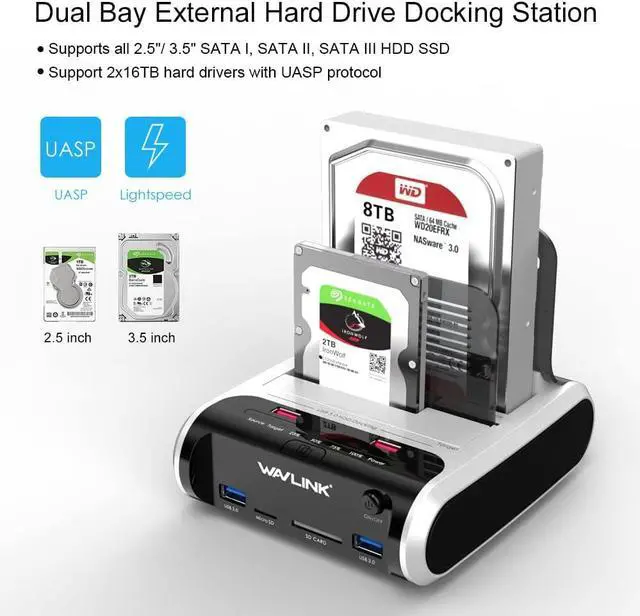 Alt view image 4 of 6 - USB 3.0 to SATA Dual Bay External Hard Drive Docking Station with Offline Clone & UASP(6Gbps) Function, 2 USB 3.0 Port, 2 Charging Port, SD & Micro SD Card Reader for 2.5/3.5 Inch HDD/SSD