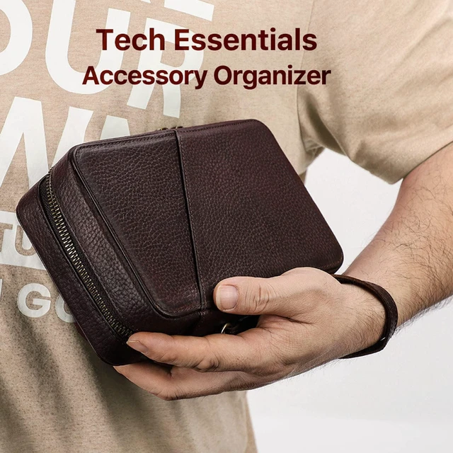 Alt view image 6 of 7 - Top Grain Leather Text Custom Electronic Organizer Zipper Bag Tech Pouch, Handmade, Portable Compact Travel Storage Cases for Phone, USB Cables, Power Banks, Chargers, Hard Drive