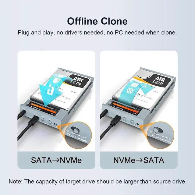Alt view image 2 of 6 - USB C Docking Station for M.2 PCIe NVMe + 2.5 3.5 Inch SATA SSD/HDD with Offline Clone, Clone HDD to NVMe SSD, USB 3.2 GEN 2 10Gbps External Hard Drive Enclosure