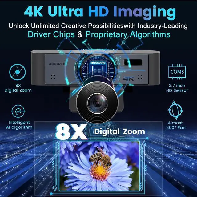 Alt view image 2 of 7 - ROCWARE 4K Webcam with Remote, RC16 Computer Camera with Microphone,1080p 60fps FHD,AI Tracking,Privacy Cover, WDR,110°FOV,8X Digital Zoom,Streaming Camera for PC/Meeting/Teaching/Zoom