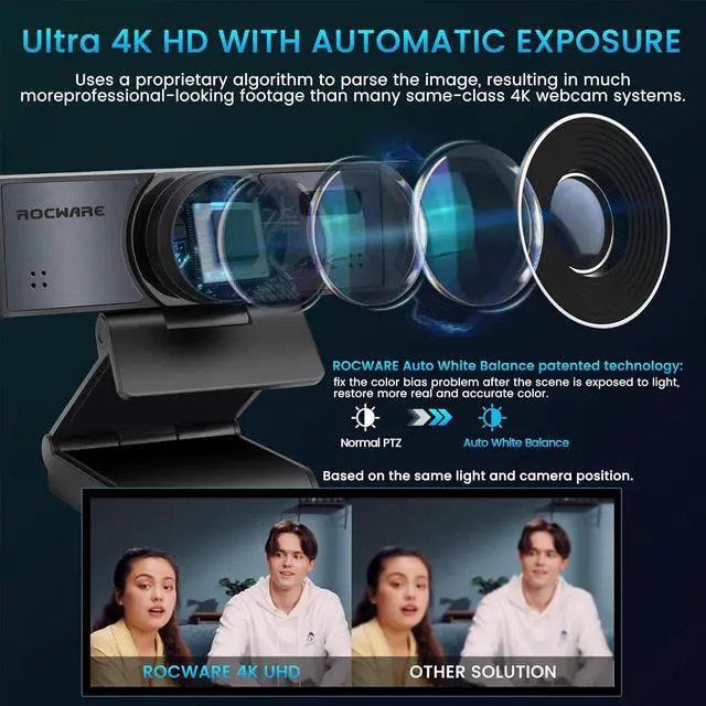 Alt view image 3 of 7 - ROCWARE 4K Webcam with Remote, RC16 Computer Camera with Microphone,1080p 60fps FHD,AI Tracking,Privacy Cover, WDR,110°FOV,8X Digital Zoom,Streaming Camera for PC/Meeting/Teaching/Zoom