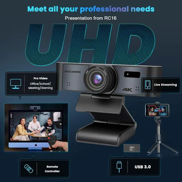 Alt view image 6 of 7 - ROCWARE 4K Webcam with Remote, RC16 Computer Camera with Microphone,1080p 60fps FHD,AI Tracking,Privacy Cover, WDR,110°FOV,8X Digital Zoom,Streaming Camera for PC/Meeting/Teaching/Zoom