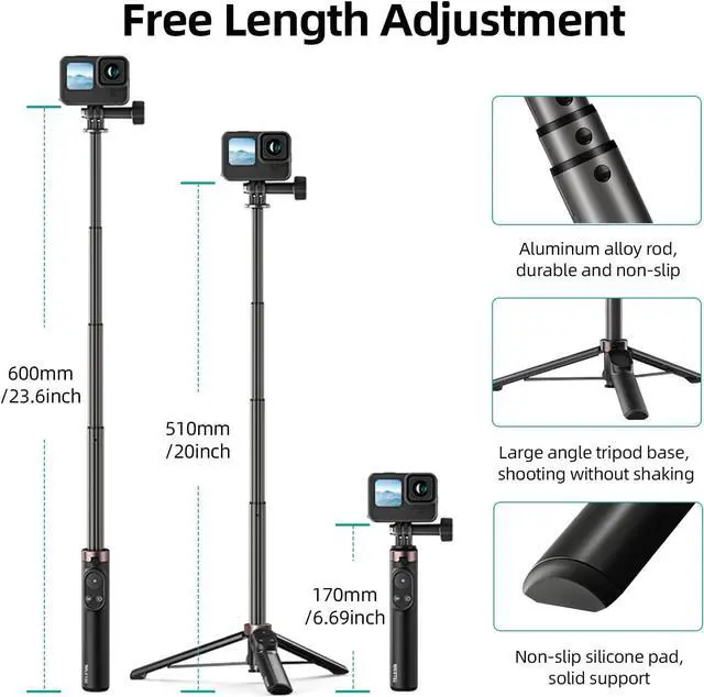 Alt view image 5 of 7 - AFAITH Extendable Selfie Stick Tripod with Remote Control for GoPro Hero 13 12 11 10 9 8 MAX and Smartphone, Stable Portable Pole Monopod with Wireless Bluetooth Remote for GoPro and Smartphone