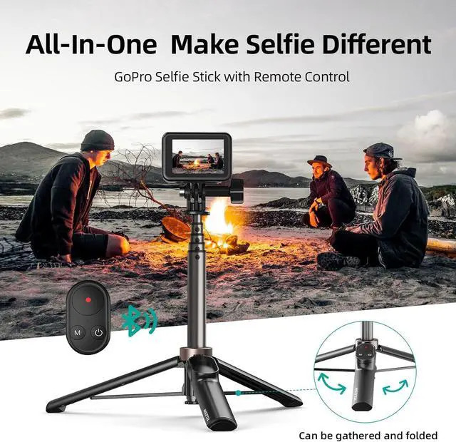 Alt view image 2 of 7 - AFAITH Extendable Selfie Stick Tripod with Remote Control for GoPro Hero 13 12 11 10 9 8 MAX and Smartphone, Stable Portable Pole Monopod with Wireless Bluetooth Remote for GoPro and Smartphone