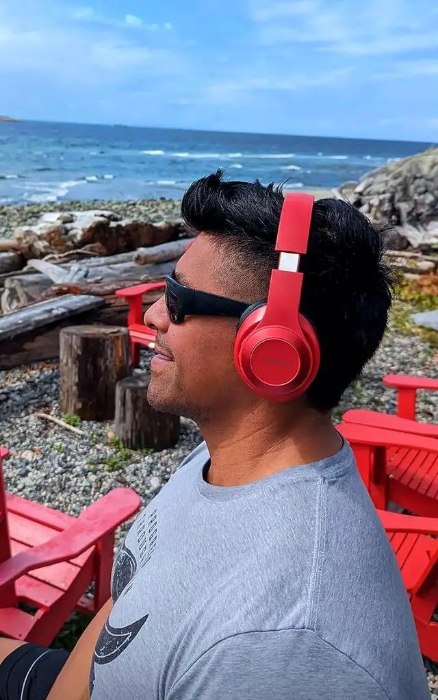 Alt view image 4 of 6 - Bluetooth Headphones, TWS Deep Bass Wireless Over-Ear Headset 5.3 with Built-in Mic LED Lights, Noise Cancelling Audio Earphones (Red Black)