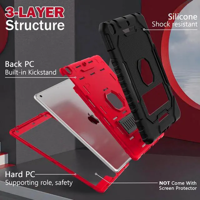 Alt view image 5 of 7 - Case for iPad 9th/8th/7th Generation 2021/2020/2019(10.2 inch), Heavy Duty Military Grade Shockproof Rugged Protective 10.2" Cover with Built-in Stand for iPad 9 8 7 Gen (Black+Red)