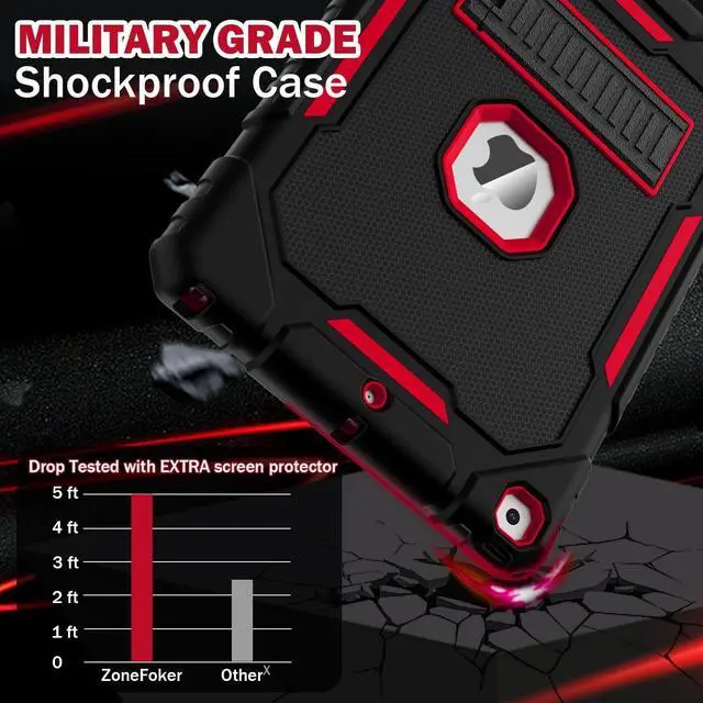 Alt view image 3 of 7 - Case for iPad 9th/8th/7th Generation 2021/2020/2019(10.2 inch), Heavy Duty Military Grade Shockproof Rugged Protective 10.2" Cover with Built-in Stand for iPad 9 8 7 Gen (Black+Red)