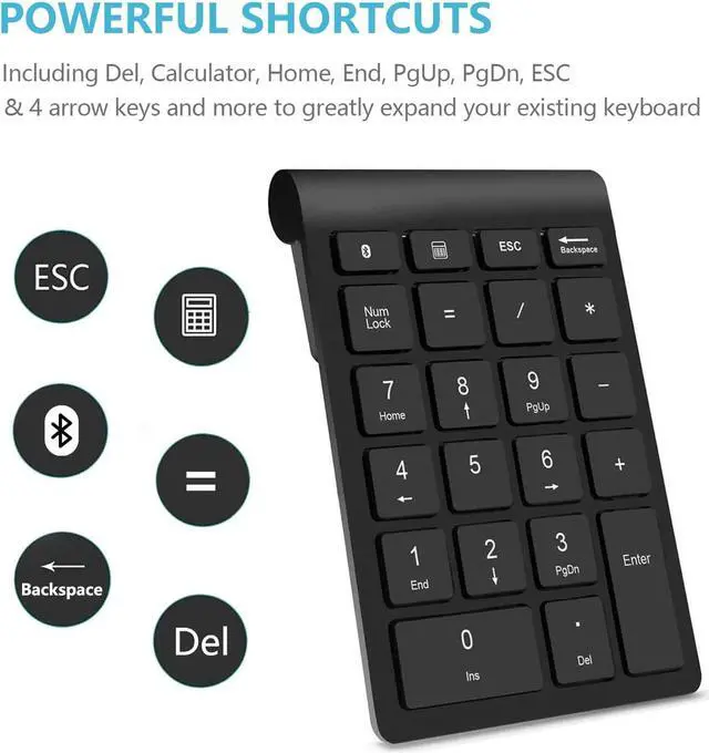 Alt view image 3 of 7 - Bluetooth Number Pad, Wireless Numeric Keypad, 22-Key Portable Slim Numpad Financial Accounting Data Entry, External 10 Key for Laptop, Mac, Notebook, Desktop, PC, Surface Pro - Black