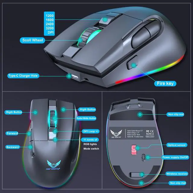 Alt view image 5 of 7 - Ludus Dominum Rechargeable Wireless Gaming Mouse,large-size ,Ergonomic Hand Grips,4800 DPI,TYPE-C Fast charge,7 Buttons,Fast-Charging,10 millons buttons life,RGB Gamer Desk Laptop PC Gaming Mouse