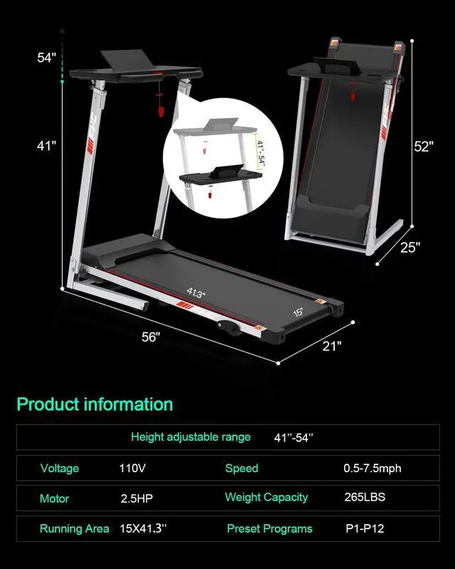 Alt view image 6 of 6 - FYC Folding Treadmill for Home - Slim Compact Running Machine Portable Electric Treadmill Foldable Treadmill Workout Exercise for Small Apartment Home Gym Fitness Walking, with Adjustable Table