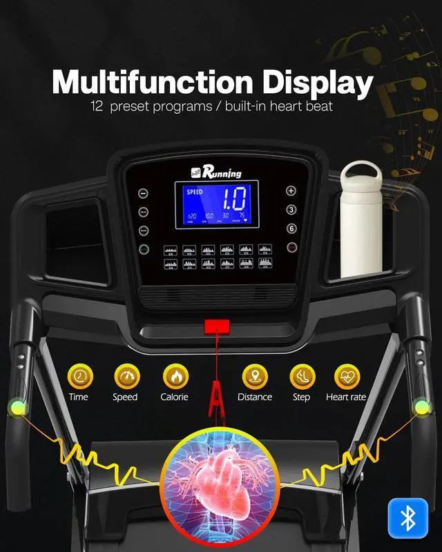 Alt view image 3 of 7 - FYC Folding Treadmill for Home with Incline 3.5HP Running Machine with 12 Preset Programs, Bluthooth Easy Assembly Compact Treadmill 330lb Capacity Portable Treadmills Orange