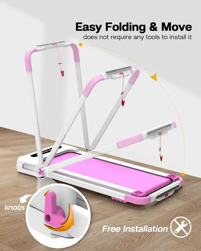 Alt view image 4 of 5 - FYC Under Desk Treadmill - 2 in 1 Folding Treadmill for Home 300LBS Weight Capacity, Free Installation Foldable Treadmill Compact Electric Running Machine, Walking Jogging for Home,Pink