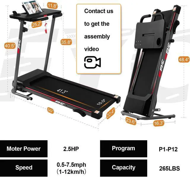 Alt view image 4 of 5 - FYC Folding Treadmill for Home with Desk - 2.5HP Compact Electric Treadmill for Running and Walking Foldable Portable Running Machine for Small Spaces Workout 265LBS, JK1608-2 Black