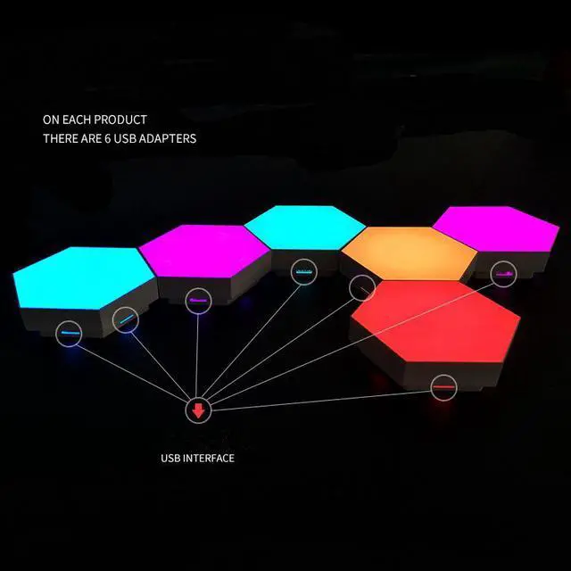 Alt view image 4 of 7 - Hexagonal LED lights, APP-controlled WiFi smart RGB light board, geometric lights, DIY panel lights, USB connection, multiple colors Can be spliced at will For game decoration,6pcs