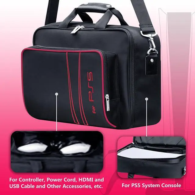 Alt view image 6 of 6 - omarando PS5 Console Carrying Storage  Case ,Compatible PS5 CD-ROM and Digital Edition, Nylon Waterproof Material,Zinc Alloy zipper, Including PS5 Game Controller Protection Case(Black-Red)