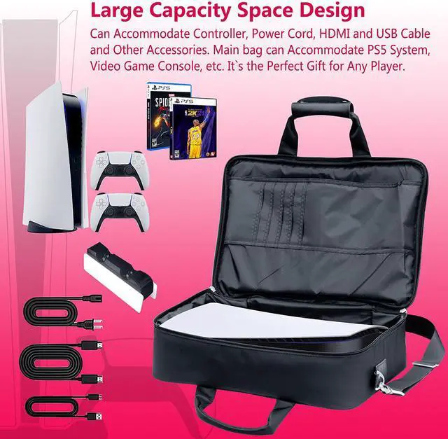 Alt view image 5 of 6 - omarando PS5 Console Carrying Storage  Case ,Compatible PS5 CD-ROM and Digital Edition, Nylon Waterproof Material,Zinc Alloy zipper, Including PS5 Game Controller Protection Case(Black-Red)