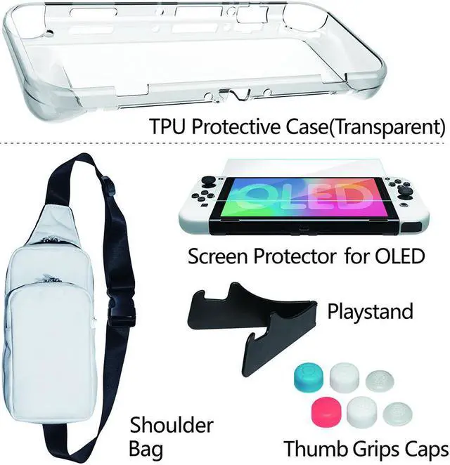 Alt view image 5 of 7 - omarando TPU Case Cover Accessories Kit for Nintendo Switch (OLED model),with Travel Shoulder Carrying Case ,Tempered Glass Screen Protector ,Thumb Grip Caps .Mini travel playstand (Clear)