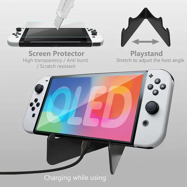 Alt view image 4 of 7 - omarando TPU Case Cover Accessories Kit for Nintendo Switch (OLED model),with Travel Shoulder Carrying Case ,Tempered Glass Screen Protector ,Thumb Grip Caps .Mini travel playstand (Clear)