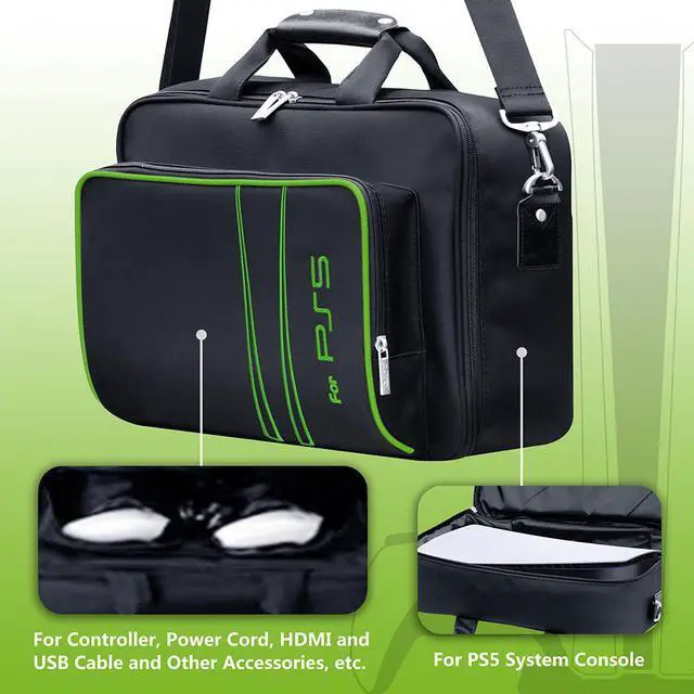 Alt view image 6 of 6 - omarando PS5 Console Carrying Storage Case ,Compatible PS5 CD-ROM and Digital Edition,Nylon Waterproof Material,Zinc Alloy zipper,Including PS5 Game Controller Protection Case(Black-Green))