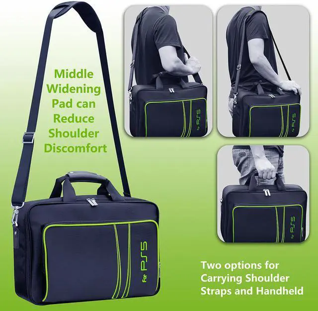 Alt view image 4 of 6 - omarando PS5 Console Carrying Storage Case ,Compatible PS5 CD-ROM and Digital Edition,Nylon Waterproof Material,Zinc Alloy zipper,Including PS5 Game Controller Protection Case(Black-Green))