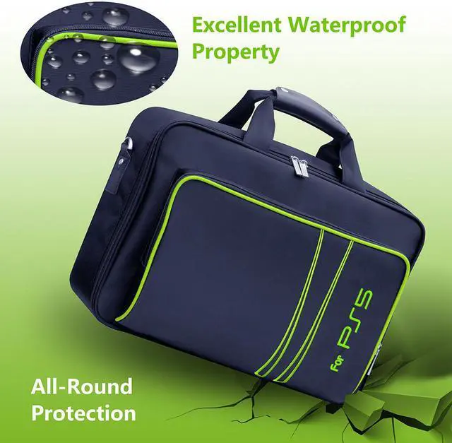 Alt view image 3 of 6 - omarando PS5 Console Carrying Storage Case ,Compatible PS5 CD-ROM and Digital Edition,Nylon Waterproof Material,Zinc Alloy zipper,Including PS5 Game Controller Protection Case(Black-Green))