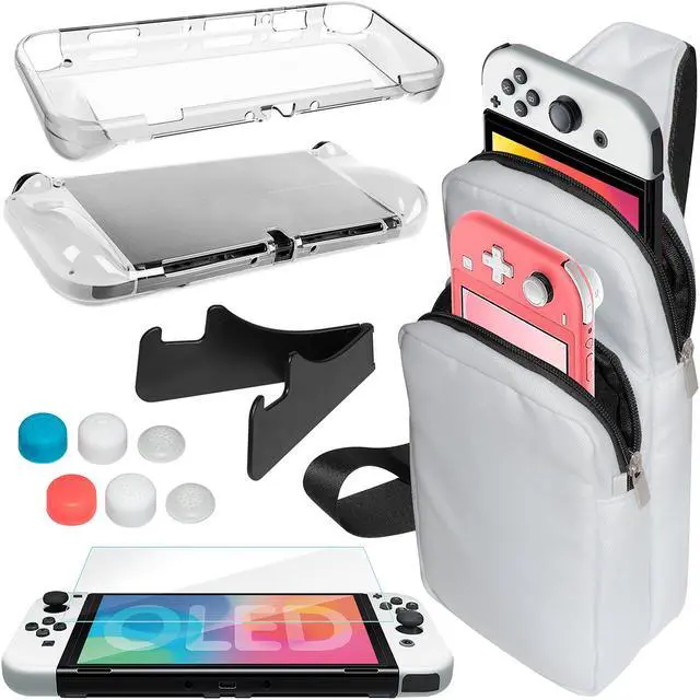 Alt view image 7 of 7 - omarando TPU Case Cover Accessories Kit for Nintendo Switch (OLED model),with Travel Shoulder Carrying Case ,Tempered Glass Screen Protector ,Thumb Grip Caps .Mini travel playstand (Clear)