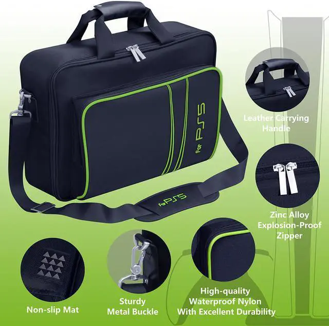 Alt view image 2 of 6 - omarando PS5 Console Carrying Storage Case ,Compatible PS5 CD-ROM and Digital Edition,Nylon Waterproof Material,Zinc Alloy zipper,Including PS5 Game Controller Protection Case(Black-Green))