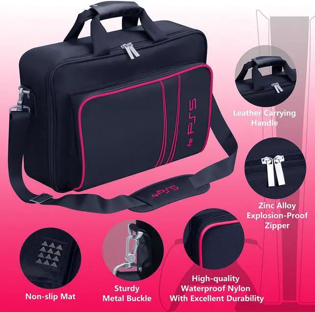 Alt view image 2 of 6 - omarando PS5 Console Carrying Storage  Case ,Compatible PS5 CD-ROM and Digital Edition, Nylon Waterproof Material,Zinc Alloy zipper, Including PS5 Game Controller Protection Case(Black-Red)