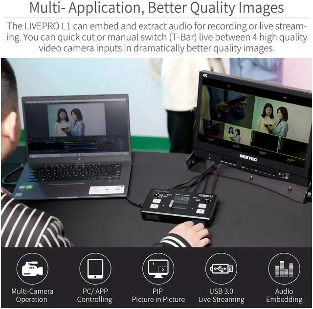 Alt view image 5 of 7 - FEELWORLD LIVEPRO L1 V1 Multi Camera Video Mixer Switcher 2 Inch LCD Display 4 x HDMI Inputs USB 3.0 Output Format Real Time Production Live Streaming Lightweight
