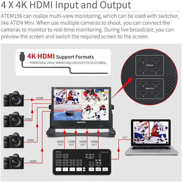 Alt view image 2 of 7 - SEETEC ATEM156 15.6 Inch Live Streaming Broadcast Director Monitor with 4 HDMI Input Output Quad Split Display for ATEM Mini Video Switcher Mixer Pro Studio Television Production