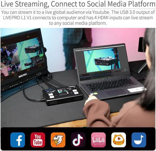 Alt view image 3 of 7 - FEELWORLD LIVEPRO L1 V1 Multi Camera Video Mixer Switcher 2 Inch LCD Display 4 x HDMI Inputs USB 3.0 Output Format Real Time Production Live Streaming Lightweight