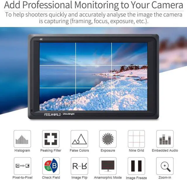 Alt view image 5 of 7 - FEELWORLD FW279 7 Inch 2200nit Ultra Bright DSLR Camera Field Monitor High Brightness Sunlight Viewable Full HD 1920x1200 4K HDMI Input Output