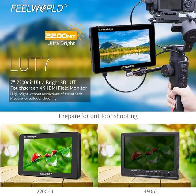 Alt view image 2 of 7 - FEELWORLD LUT7 7 Inch Ultra Bright 2200nit Touch Screen Camera DSLR Field Monitor with 3D Lut Waveform Vectorscope Automatic Light Sensor 1920x1200 Video Assist 4K HDMI Input 8.4V DC Output Tilt Arm