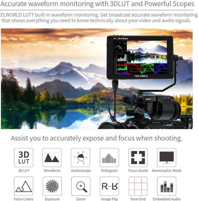 Alt view image 6 of 7 - FEELWORLD LUT7 7 Inch Ultra Bright 2200nit Touch Screen Camera DSLR Field Monitor with 3D Lut Waveform Vectorscope Automatic Light Sensor 1920x1200 Video Assist 4K HDMI Input 8.4V DC Output Tilt Arm