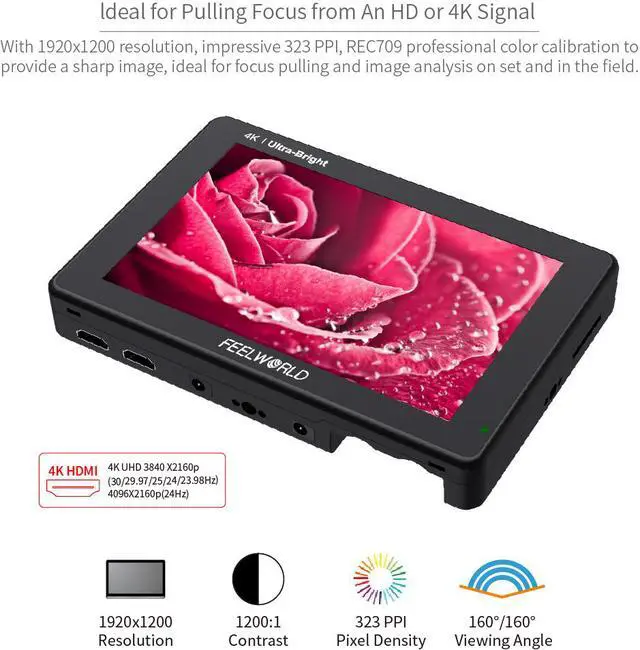 Alt view image 4 of 7 - FEELWORLD LUT7 7 Inch Ultra Bright 2200nit Touch Screen Camera DSLR Field Monitor with 3D Lut Waveform Vectorscope Automatic Light Sensor 1920x1200 Video Assist 4K HDMI Input 8.4V DC Output Tilt Arm