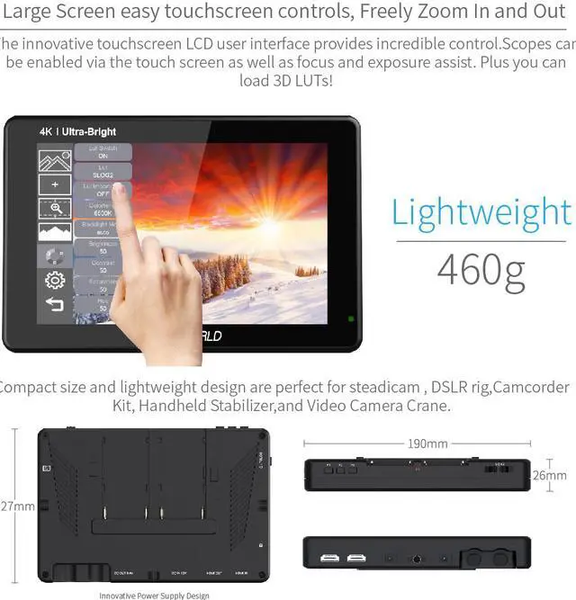Alt view image 5 of 7 - FEELWORLD LUT7 7 Inch Ultra Bright 2200nit Touch Screen Camera DSLR Field Monitor with 3D Lut Waveform Vectorscope Automatic Light Sensor 1920x1200 Video Assist 4K HDMI Input 8.4V DC Output Tilt Arm