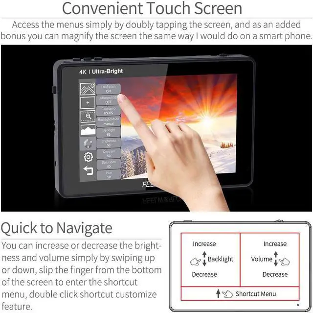 Alt view image 3 of 7 - FEELWORLD LUT7 7 Inch Ultra Bright 2200nit Touch Screen Camera DSLR Field Monitor with 3D Lut Waveform Vectorscope Automatic Light Sensor 1920x1200 Video Assist 4K HDMI Input 8.4V DC Output Tilt Arm