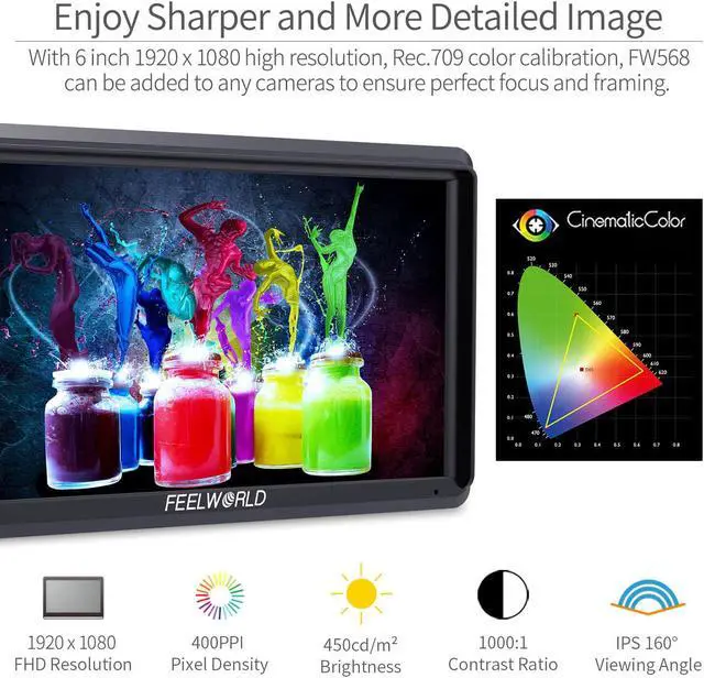 Alt view image 2 of 14 - FEELWORLD FW568 V3 6 inch DSLR Camera Field Monitor with Waveform LUTs Video Peaking Focus Assist Small Full HD 1920x1080 IPS with 4K HDMI 8.4V DC Input Output Include Tilt Arm