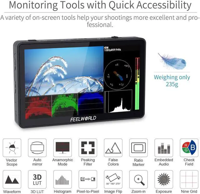 Alt view image 5 of 14 - FEELWORLD F6 PLUS V2 6 inch DSLR Camera Field Touch Screen Monitor HDR 3D LUT Small Full HD 1920x1080 IPS 4K HDMI Input Output 8.4V DC Output Include Tilt Arm