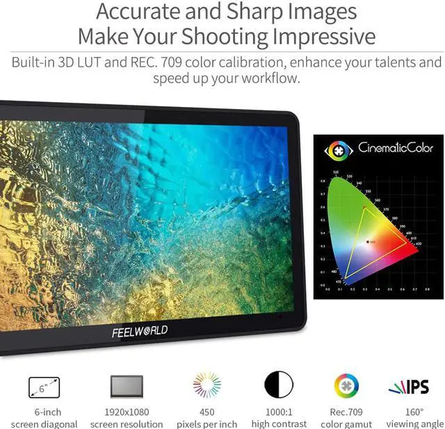 Alt view image 2 of 14 - FEELWORLD F6 PLUS V2 6 inch DSLR Camera Field Touch Screen Monitor HDR 3D LUT Small Full HD 1920x1080 IPS 4K HDMI Input Output 8.4V DC Output Include Tilt Arm