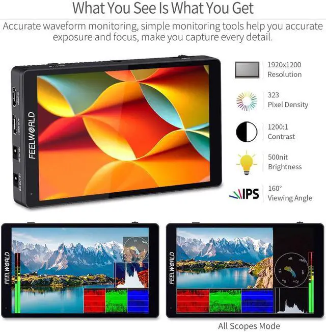 Alt view image 5 of 7 - FEELWORLD F7 PRO 7 Inch Touch Screen DSLR Camera Field Monitor with 3D Lut HDR Waveform F970 External Power Install Kit 1920x1200 4K 60Hz HDMI Input Output 8.4V DC Output 5V Type C Input