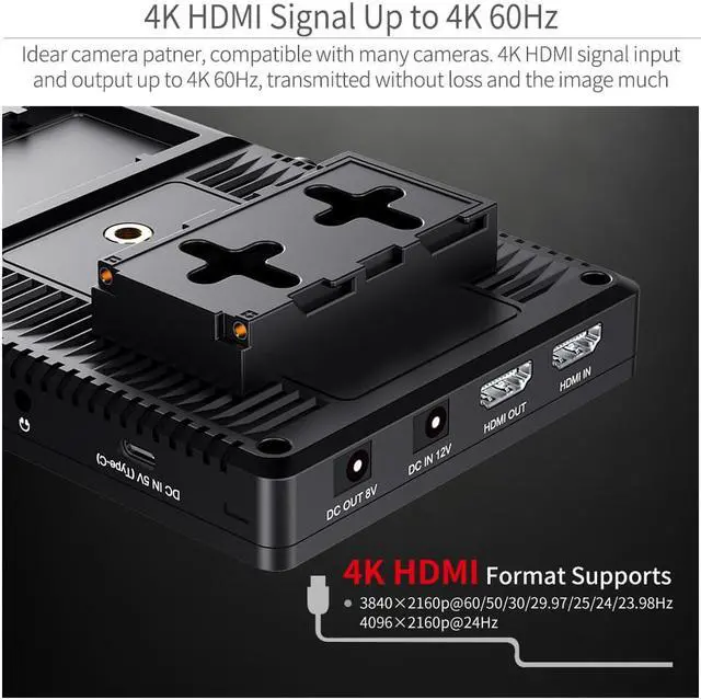 Alt view image 6 of 7 - FEELWORLD F7 PRO 7 Inch Touch Screen DSLR Camera Field Monitor with 3D Lut HDR Waveform F970 External Power Install Kit 1920x1200 4K 60Hz HDMI Input Output 8.4V DC Output 5V Type C Input