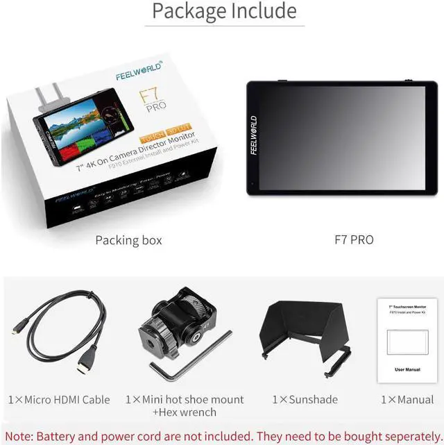 Alt view image 7 of 7 - FEELWORLD F7 PRO 7 Inch Touch Screen DSLR Camera Field Monitor with 3D Lut HDR Waveform F970 External Power Install Kit 1920x1200 4K 60Hz HDMI Input Output 8.4V DC Output 5V Type C Input