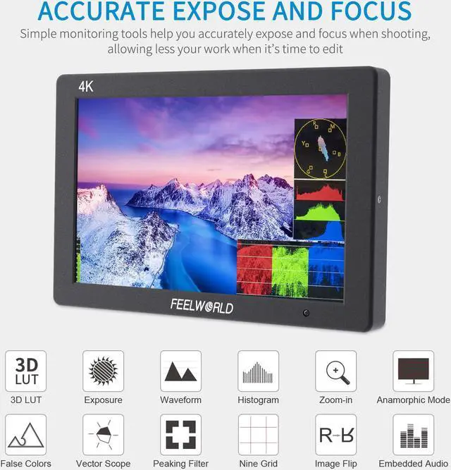 Alt view image 4 of 7 - FEELWORLD T7 Plus 7 Inch 3D LUT DSLR Camera Field Monitor Waveform Histogram Peaking Focus False Colors 4K HDMI Input Output Full HD 1920x1200 Solid Aluminum Housing