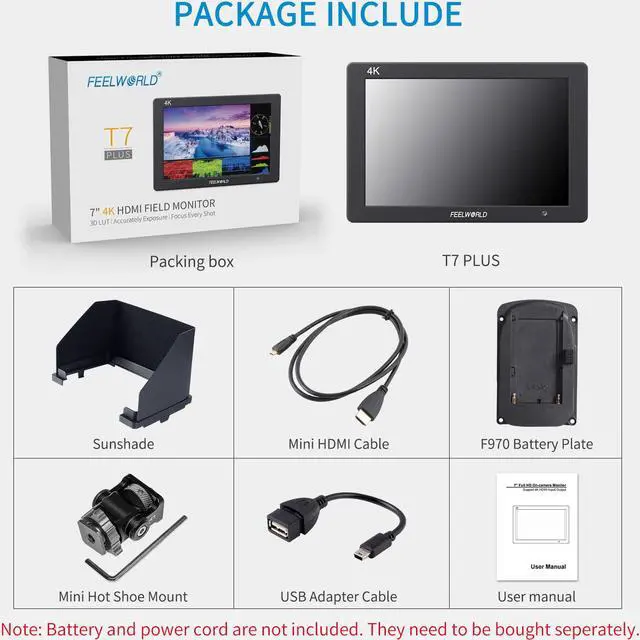 Alt view image 7 of 7 - FEELWORLD T7 Plus 7 Inch 3D LUT DSLR Camera Field Monitor Waveform Histogram Peaking Focus False Colors 4K HDMI Input Output Full HD 1920x1200 Solid Aluminum Housing