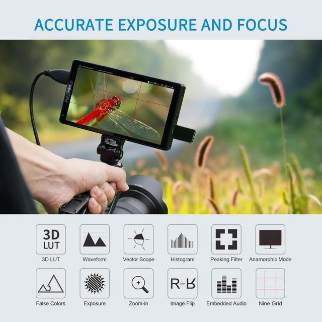 Alt view image 5 of 7 - FEELWORLD CUT6 6 Inch Recording Monitor Field Camera DSLR USB2.0 Recorder, 1920x1080 Touch Screen Waveform HDR HDMI Loop Out LUT 4K HDMI Input