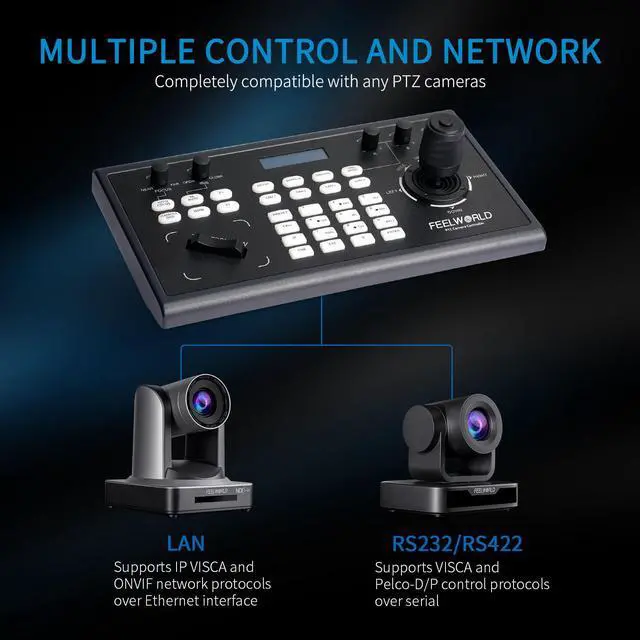 Alt view image 5 of 7 - FEELWORLD KBC10 PTZ Camera Controller with Joystick and Keyboard Control LCD Screen PoE Supported for Live Streaming Church Conference