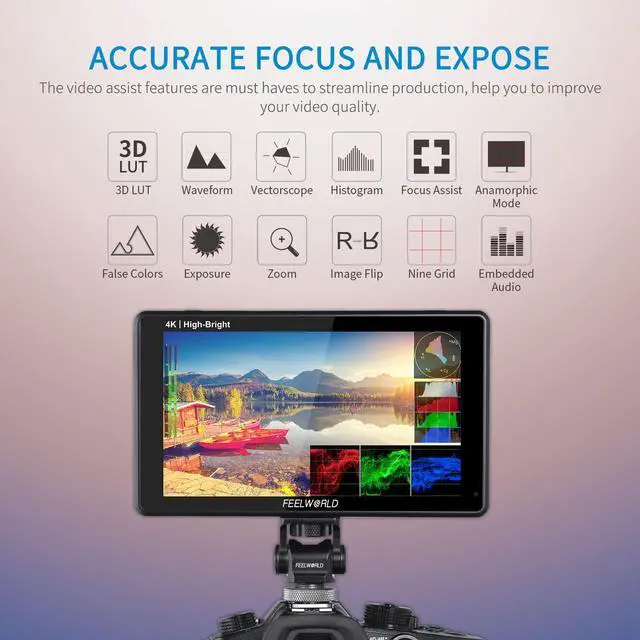 Alt view image 4 of 7 - FEELWORLD LUT6E 6 Inch 1600nit Hight Bright Touchscreen DSLR Camera Field Monitor with 3D Lut Waveform Vectorscope Automatic Light Sensor HD 1920x1200 4K HDMI Input